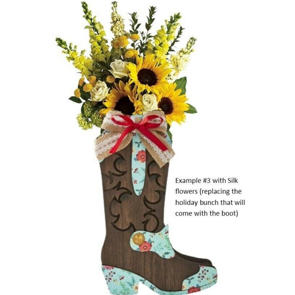 NEW Large PIONEER WOMAN Wooden Boot Vase Wall Hanging FLORAL Dried Silk Flowers